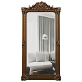 Elegant Golden Framed Full Length Mirror Reflecting Sofa Curtains And Lamp