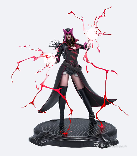 Game Movie Character Wearing Black Coat With Feathered Hat Casting Red Energy Streams 3d model 