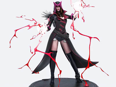 Game Movie Character Wearing Black Coat With Feathered Hat Casting Red Energy Streams 3d model