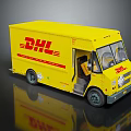 Yellow DHL Delivery Truck Model With Red Logo And Open Door Design
