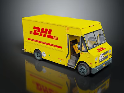 Yellow DHL Delivery Truck Model With Red Logo And Open Door Design 3d model