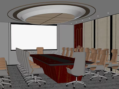 Modern Conference Room With Long Wooden Table Office Chairs And Large Projection Screen 3d model
