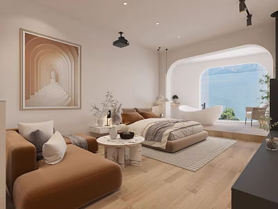 Modern Hotel Guest Room With Sofa Bed Sea View Bathtub Artwork And Wooden Floor Design 3d model
