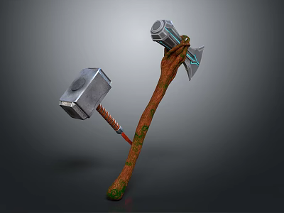 Medieval Battle Weapons Double Headed Hammer And Axe With Wooden Handles 3d model