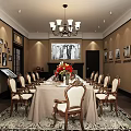 Classic Vintage Restaurant Interior With Long Dining Table Chandelier Framed Photos And Flower Arrangements