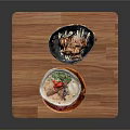 Appetizing Food With Two Bowls Of Soup And Grilled Meat Served On Wooden Cutting Board