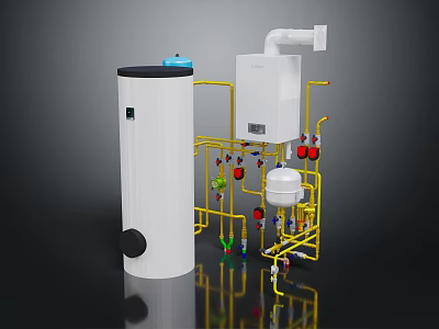 Efficient Home Domestic Water Heating Appliance System With Storage Tank And Pipes 3d model