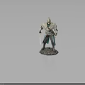 Elaborate Armored Warrior Character Standing With Dual Swords On Decorative Base