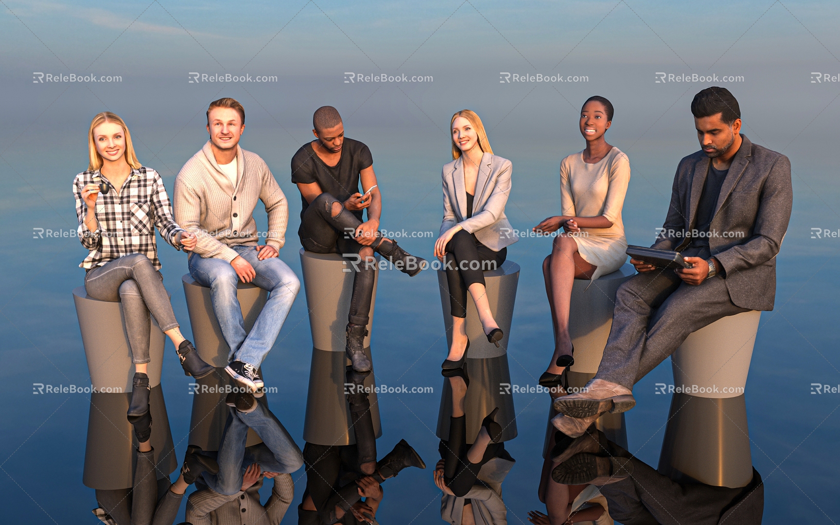 Multi-person character human body sitting posture human yellow white black brown Asian European American African foreigner male and female 3d model