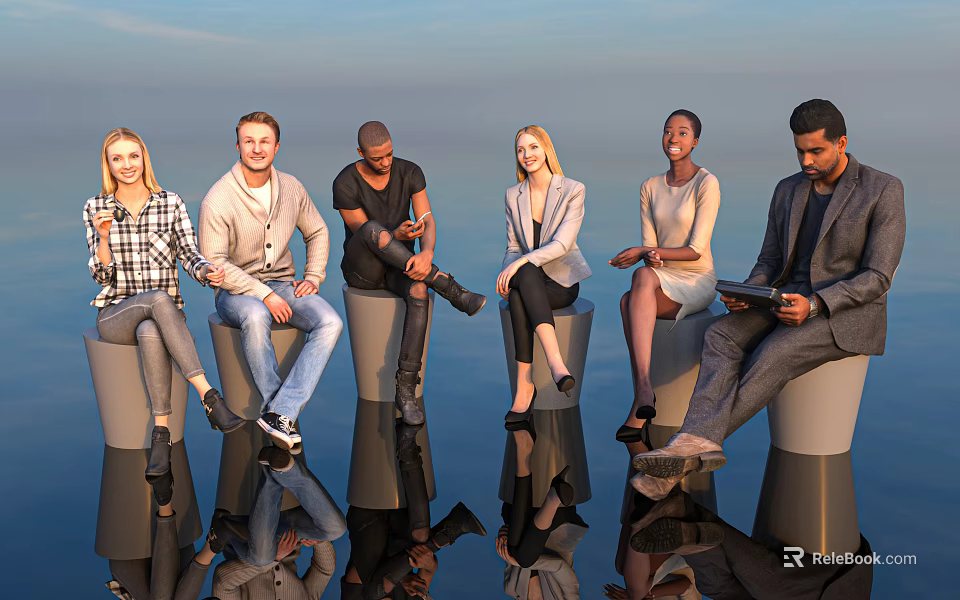 Diverse Group of People Sitting on Cylindrical Seats with Blue Sky and Reflective Floor 3d model 