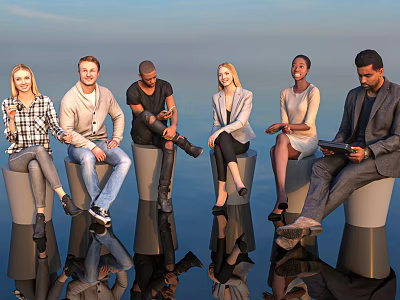 Diverse Group of People Sitting on Cylindrical Seats with Blue Sky and Reflective Floor 3d model