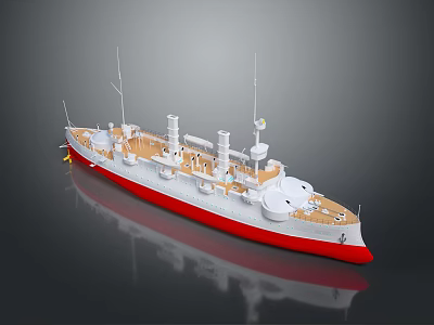 Detailed Warship 3D Model With Red Hull White Superstructure Multiple Funnels Masts And Deck Equipment 3d model