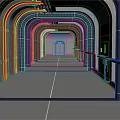 Cartoon Futuristic Corridor Scene With Curved Black Orange Pipes And Blue Railings On Gray Floor