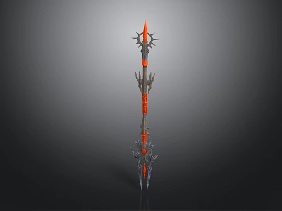 Ornate Red and Black Polearm Weapon Featuring Star Shaped Spike and Decorative Metal Details 3d model