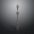 Ornate Red and Black Polearm Weapon Featuring Star Shaped Spike and Decorative Metal Details