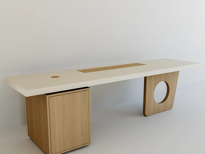 Minimalist Office Desk with Sleek White Tabletop Wooden Legs Circular Cutout and Left Wooden Cabinet 3d model