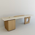 Minimalist Office Desk with Sleek White Tabletop Wooden Legs Circular Cutout and Left Wooden Cabinet