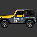 Yellow Jeep Convertible with Black Top and Off Road Wheels Graphics