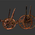 Two Ancient Red Wooden Carts With Spoked Wheels And Metal Fittings