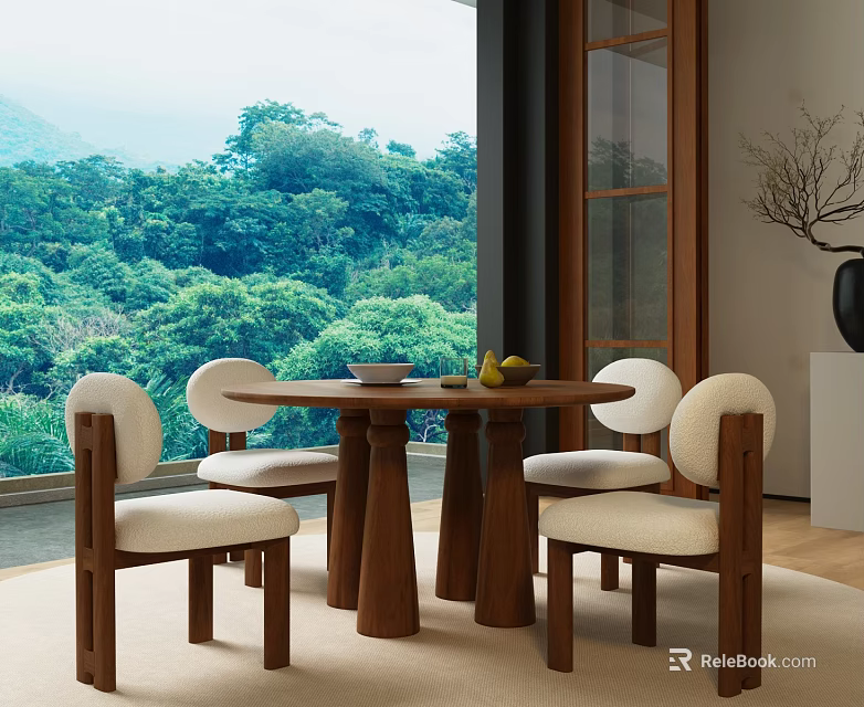 Round Wooden Dining Table Set With Four Upholstered Chairs And Forest View 3d model 