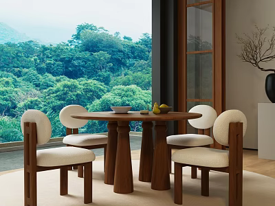Round Wooden Dining Table Set With Four Upholstered Chairs And Forest View 3d model
