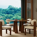 Round Wooden Dining Table Set With Four Upholstered Chairs And Forest View