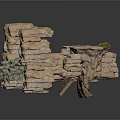 Natural Rock Garden Scene Structure With Water Basin Green Plants And Moss