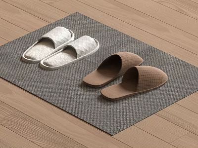 Two Pairs of White and Brown Slippers on Gray Woven Mat Over Wooden Floor 3d model