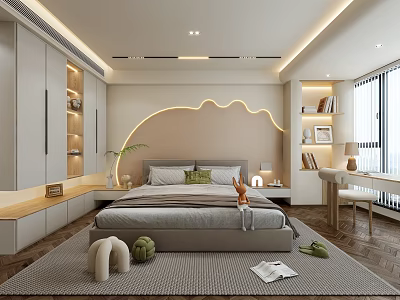 Modern Bedroom Interior Design With Arched Backlit Headboard Custom Wardrobes Desk Chair And Soft Rug 3d model