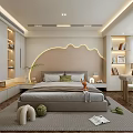 Modern Bedroom Interior Design With Arched Backlit Headboard Custom Wardrobes Desk Chair And Soft Rug