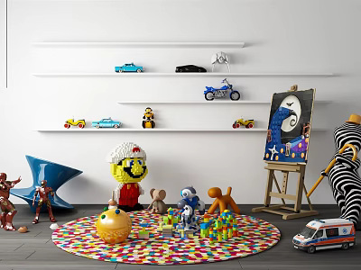 Playful Dolls Surrounded by Stuffed Animals Building Blocks Toy Cars on Colorful Rug and Easel 3d model