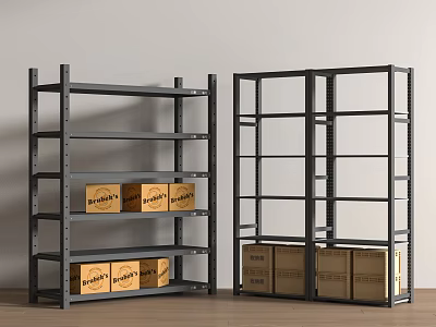 Grey Metal Display Shelves Multiple Layers Storage With Cardboard Boxes Happy Label 3d model
