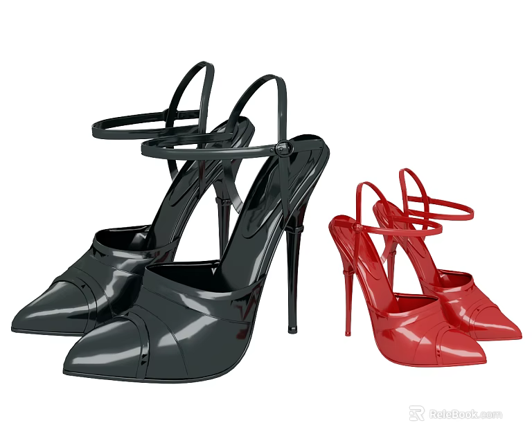 Black And Red Patent Leather Pointed Toe Ankle Strap Stiletto High Heels Shoes 3d model 