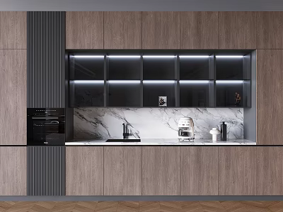 Modern Kitchen With Wooden Built in Cabinets Marble Countertop And Appliances 3d model