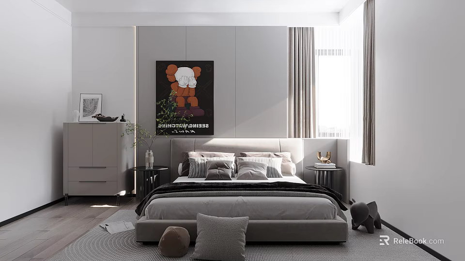 Modern Bedroom Interior Design With Bed Pillows Wardrobe Artwork Nightstands And Curtains 3d model 
