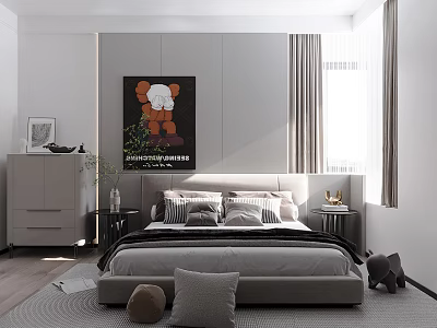 Modern Bedroom Interior Design With Bed Pillows Wardrobe Artwork Nightstands And Curtains 3d model