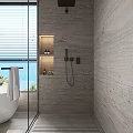 Modern Bathroom Interior With Freestanding Bathtub Glass Shower Enclosure Large Window And Stone Walls