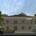 Two Story Detached Villa Exterior With Front Garden Trees And Parked Cars