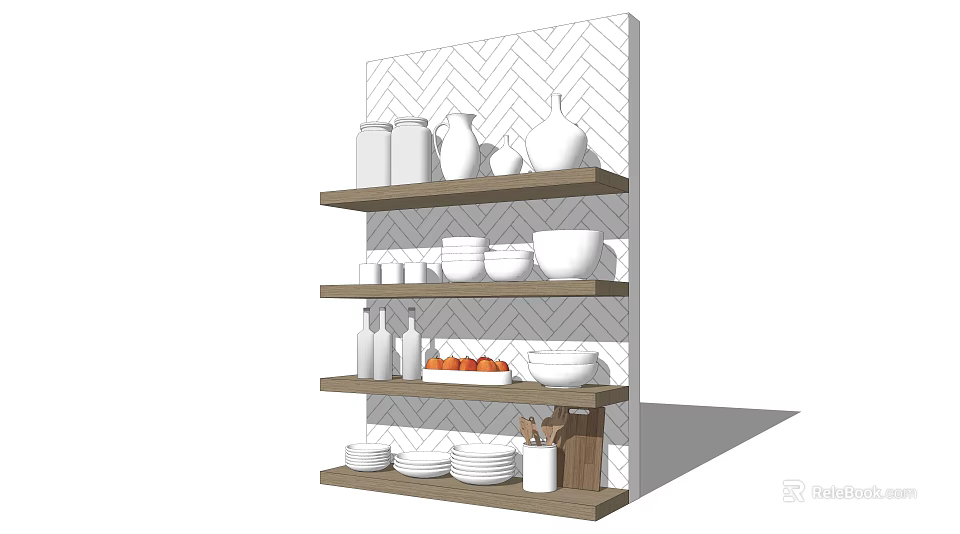 Wooden Shelves Displaying White Ceramic Kitchenware With Bowls Plates Jars Vases And Bottles 3d model 