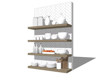 Wooden Shelves Displaying White Ceramic Kitchenware With Bowls Plates Jars Vases And Bottles 3d model