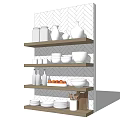 Wooden Shelves Displaying White Ceramic Kitchenware With Bowls Plates Jars Vases And Bottles