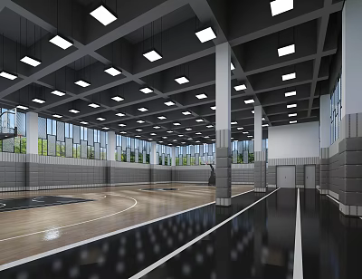 Modern Basketball Gym Interior With Wooden Court Floor Ceiling Lights And Windows 3d model