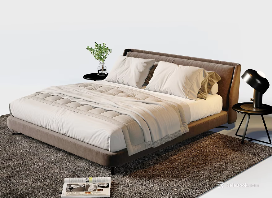 Modern Double Bed With Light Quilt Pillows Nightstand Lamp Green Plant Brown Rug Magazines 3d model 