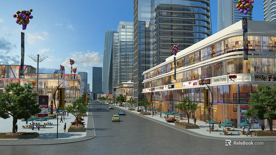 Vibrant Commercial Street Featuring Modern Tall Buildings Shops Pedestrians And Outdoor Seating 3d model 