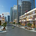 Vibrant Commercial Street Featuring Modern Tall Buildings Shops Pedestrians And Outdoor Seating