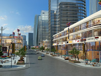 Vibrant Commercial Street Featuring Modern Tall Buildings Shops Pedestrians And Outdoor Seating 3d model