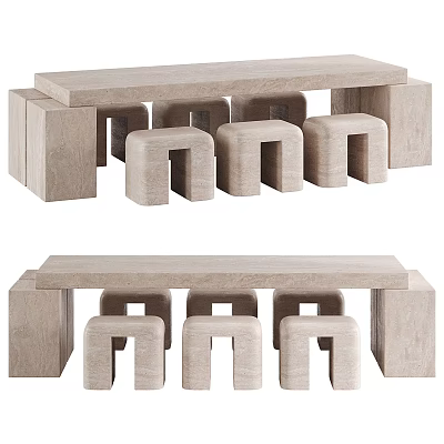 Minimalist Modern Light Colored Wooden Table And Chair Set With Long Table And Small Stools 3d model