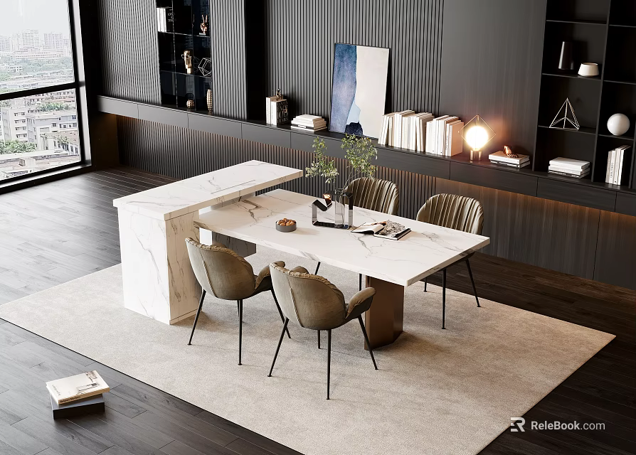 Modern Dining Table Set With Marble Top And Chairs Near Floor to Ceiling Windows 3d model 