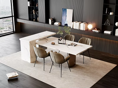Modern Dining Table Set With Marble Top And Chairs Near Floor to Ceiling Windows 3d model