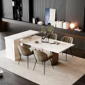 Modern Dining Table Set With Marble Top And Chairs Near Floor to Ceiling Windows
